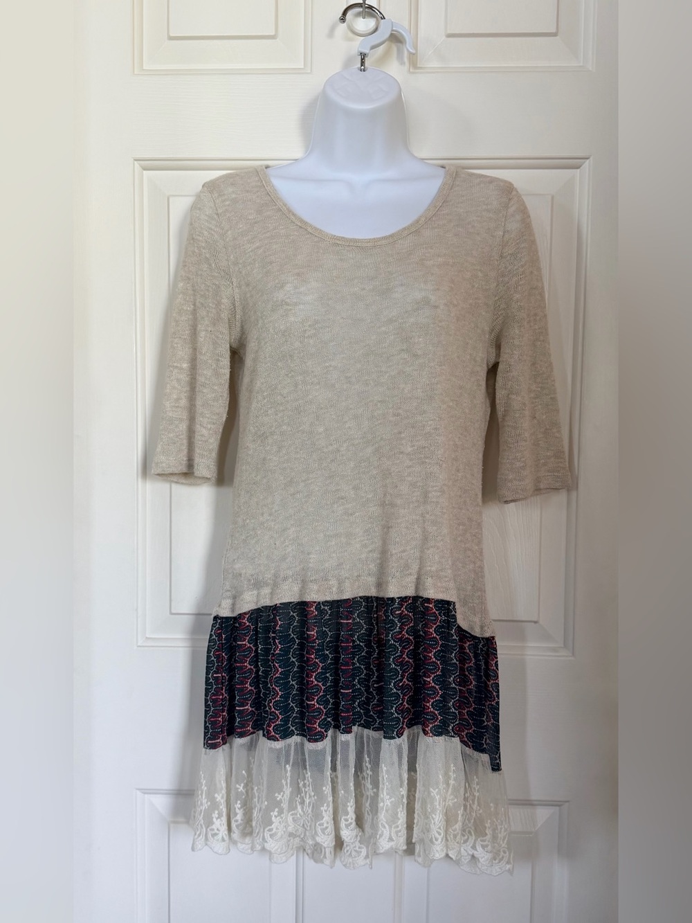Beige Layered Mixed Media Tunic with Lace Hem